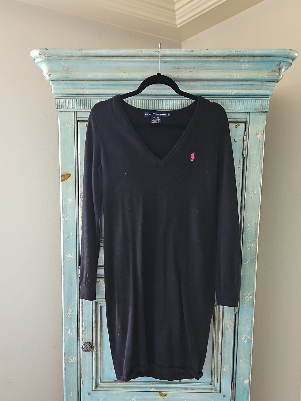 Ralph Lauren Black V-Neck Sweater Dress with Pink Pony Accent